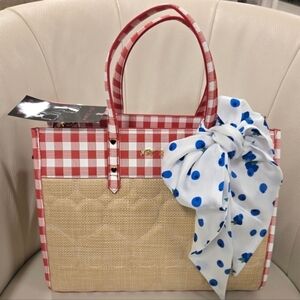 ❤️🔹️Betsey Johnson 🔹️Red Gingham Straw Tote Bag with Blueberry Print Scarf